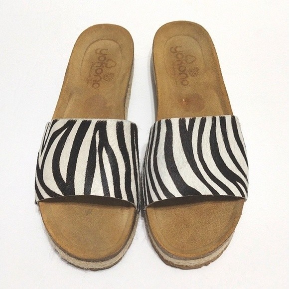 Yokono Zebra Print Calf Hair Leather Slide Sandals US 9 Chunky Strap - Picture 3 of 11